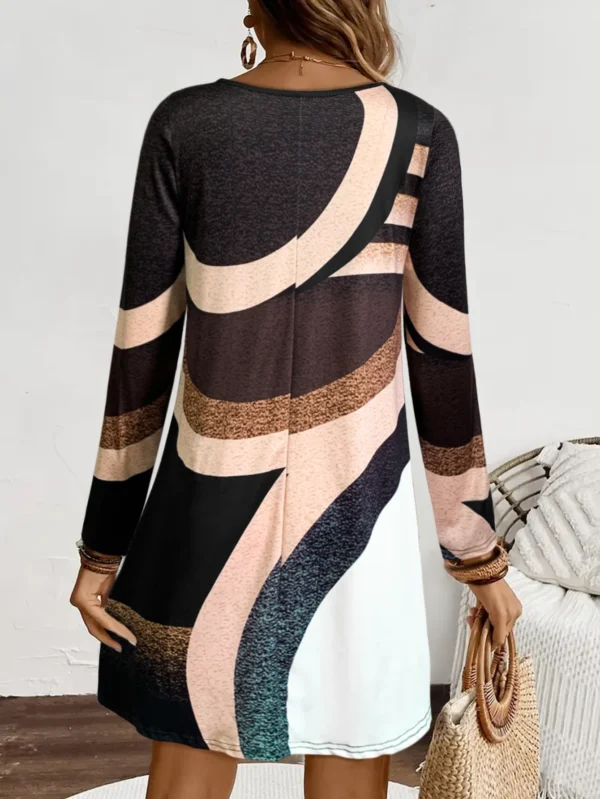 Women's Long - Sleeve Round - Neck Dress, Geometric Color Block, Casual Fall & Daily Wear，women fashion fall outfit - Image 4