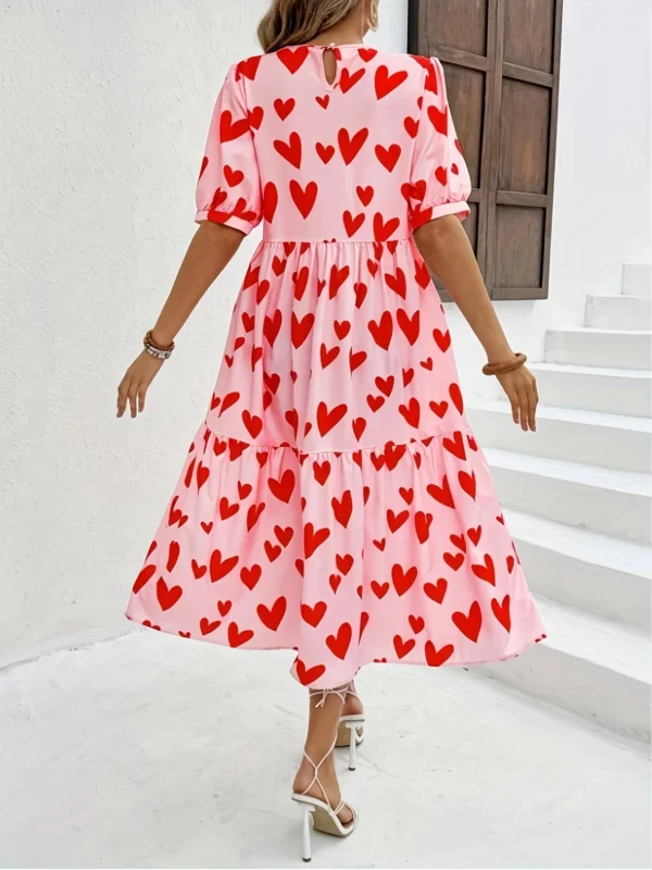 Women's Pink Red Heart Print Round Neck Short Sleeve High-Waist Tiered Ruffle Hem Flowy Maxi Dress for Casual Summer Vacations - Image 2