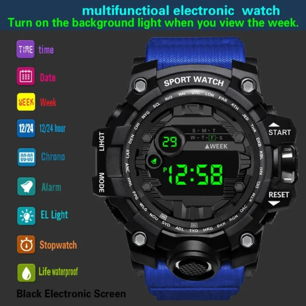 Y12 Men's Watches Big Dial LED Digital Watch Multifunction Men Sports Watch Alarm Clock Stopwatch Fitness Electronic Wristwatch - Image 4