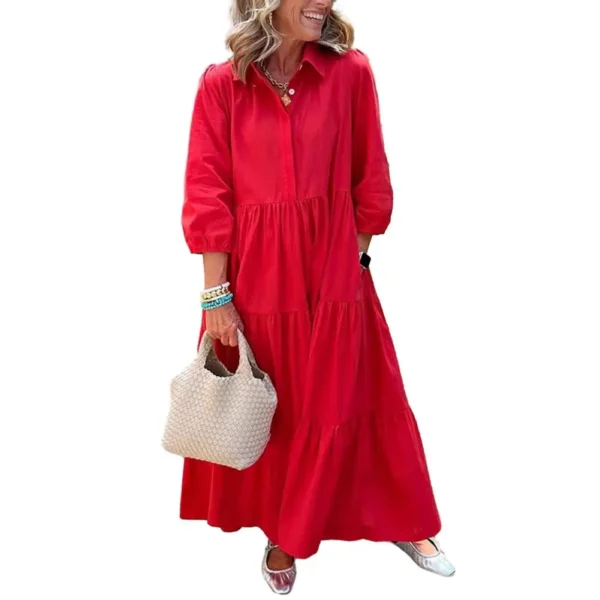 Summer Women's 3/4 Sleeve Maxi Dress Button Up Lapel Sundress With Pockets A-line Ruffles Tiered Beach Swing Dress Yellow - Image 8