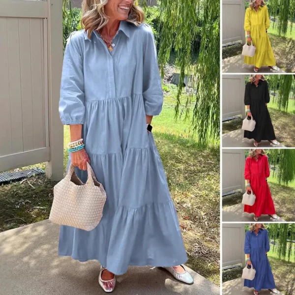 Summer Women's 3/4 Sleeve Maxi Dress Button Up Lapel Sundress With Pockets A-line Ruffles Tiered Beach Swing Dress Yellow - Image 5