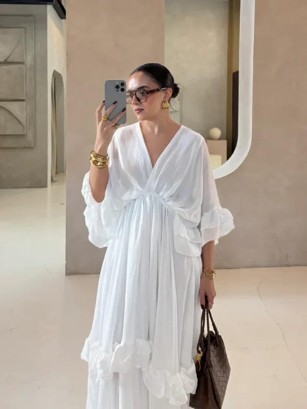 Women High Waist Full Sleeve A-line Long Dress White V Neck Chiffon Layered Ruffles Maxi Dresses Summer Lady High Street Robes - Image 5
