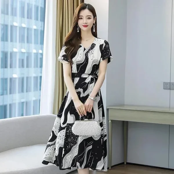 Plus Size V-Neck Korean Style Elegant Slimming Long Dress Short Sleeve Overhead Floral A- Line Skirt Women Summer Fashion Dress - Image 6