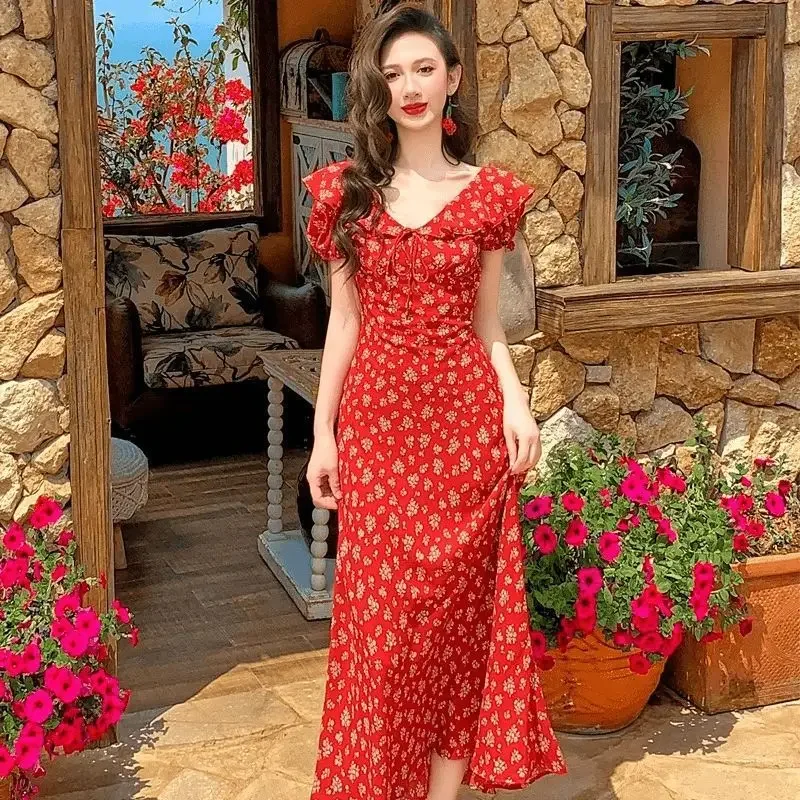 Floral Print Slim Fit V-Neck Midi Dress French Style Red Backless Holiday Vacation Long Skirt Women's Fashion Polyester Fiber 2 Floral Print Slim Fit V-Neck Midi Dress French Style Red Backless Holiday Vacation Long Skirt Women's Fashion Polyester Fiber - Image 2