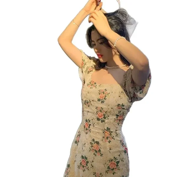 New 2025 Long Tea Break French Design Off-Shoulder Bubble Sleeve Floral Dress Women's Summer Ankle-length Low Waistline - Image 5