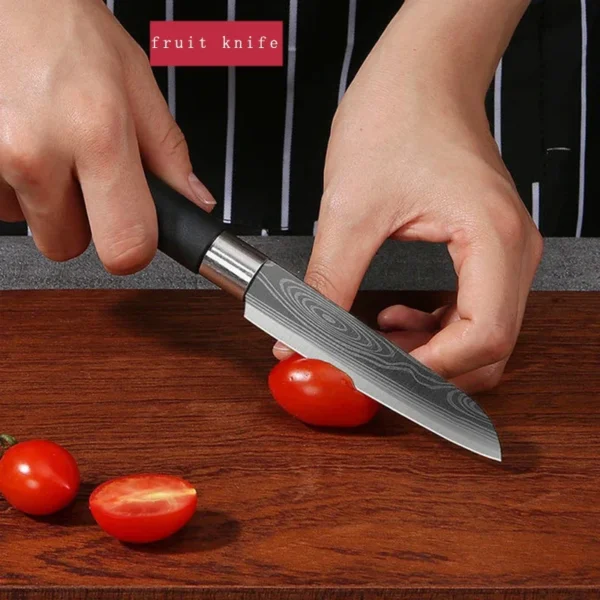 Laser Damascus Pattern Utility Kitchen Knives Scissors Sharpening Rod Set Stainless Steel Sharp Slicing Chef knife Cooking Tool - Image 11
