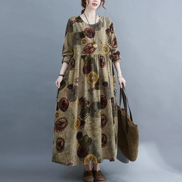 Retro Anti-Aging round Neck Long Sleeve Printed Dress for Middle-Aged And Elderly Women Full Skirt Midi Dress Casual Chic - Image 2