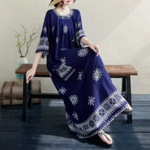 Retro Fashion plus Size Summer Printed Long Dress Slimming round Neck Loose Fit Women's Dress Ethnic Style Casual Maxi Dress
