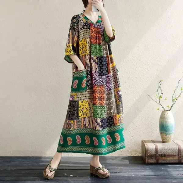 Retro Fashion plus Size Summer Printed Long Dress Slimming round Neck Loose Fit Women's Dress Ethnic Style Casual Maxi Dress - Image 8