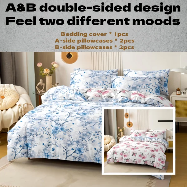 5pcs ultra-fine fiber printed bedding set, skin friendly, breathable, love flower themed home duvet cover pillowcase 5-piece set - Image 4