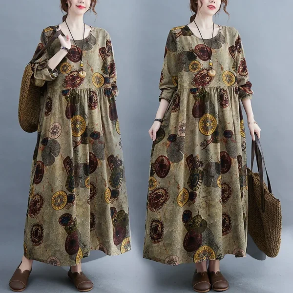 Retro Anti-Aging round Neck Long Sleeve Printed Dress for Middle-Aged And Elderly Women Full Skirt Midi Dress Casual Chic