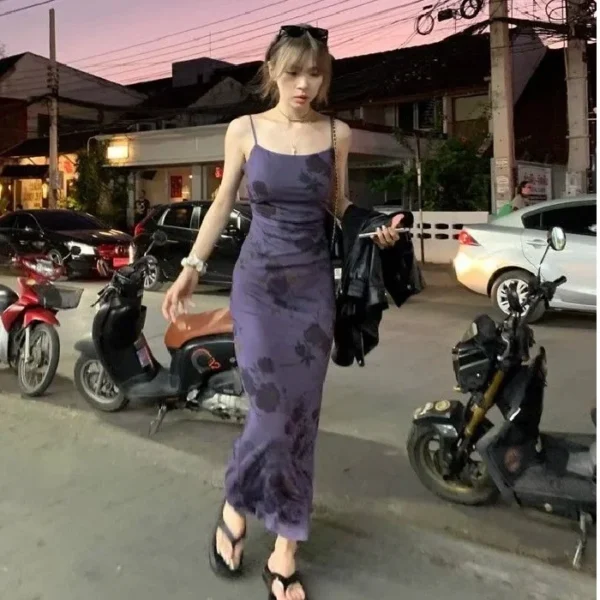 Slimming Long Purple Strapless Dress Women's Summer French Style Waist-Cinching Gown Maxi Dress Polka Dot Print AE Stock - Image 3