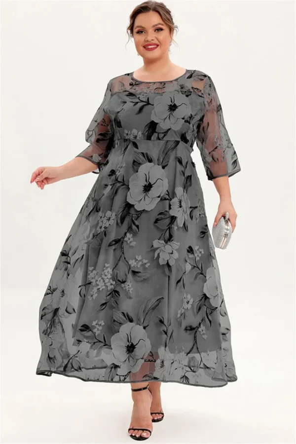 Flycurvy Plus Size Mother Of The Bride Grey and Green Floral Print Mesh Layered A Line Half Sleeve Tunic Maxi Dress - Image 9
