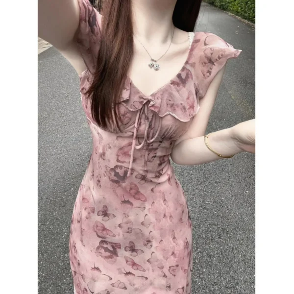 Retro Butterfly Print Hemmed Dress Women's Summer Slimming Knee-Length Long Dress Dopaamine Floral Skirt Elegant Waist-Cinching - Image 4