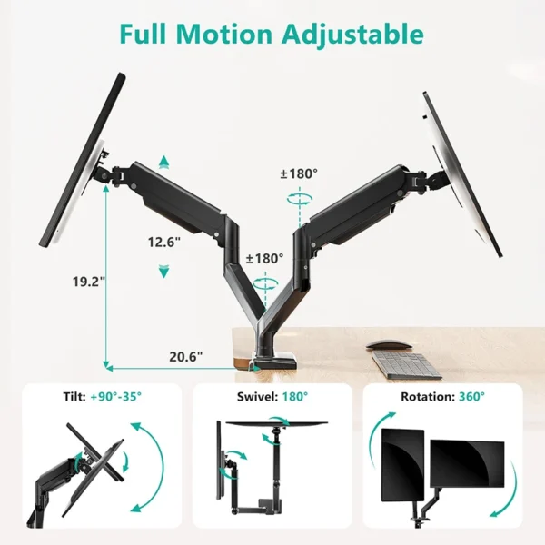 Dual Monitor Mount For 13″–34″ Screens, Adjustable Dual Monitor Stand, With 180° Swivel, Tilt, 360° Rotation For Home Office - Image 6