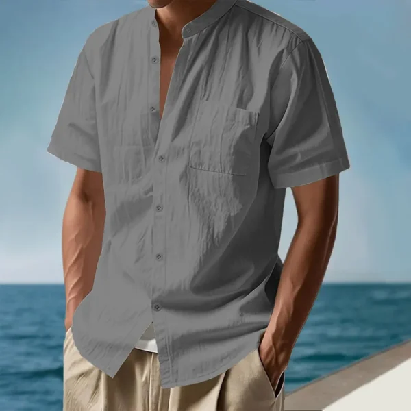Summer Men's Short Sleeve Shirt Solid Color Casual Single Breasted Cotton Linen Breathable Lightweight Male Basic Style Top - Image 4