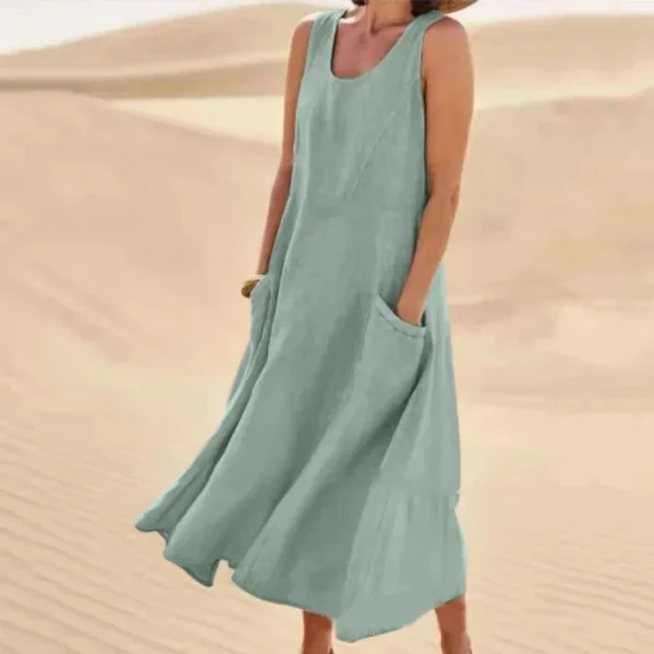 Korean Style Cotton Simulation Women's Dress round Neck Pocket Summer Dress Ankle Length Polyester Fiber No Sleeve - Image 12