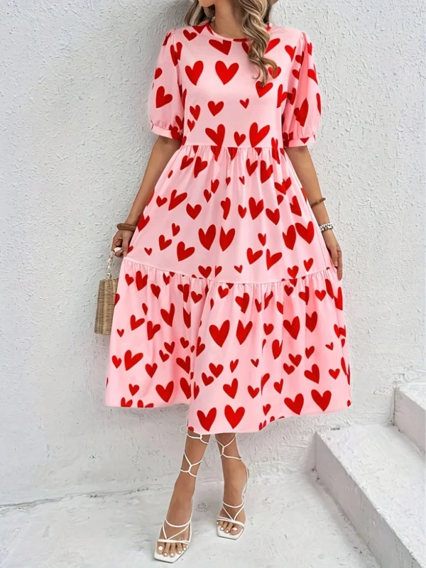 Women's Pink Red Heart Print Round Neck Short Sleeve High-Waist Tiered Ruffle Hem Flowy Maxi Dress for Casual Summer Vacations