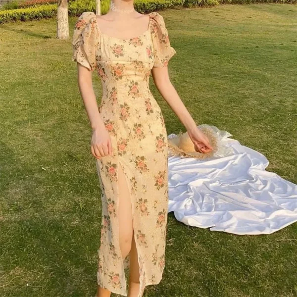 New 2025 Long Tea Break French Design Off-Shoulder Bubble Sleeve Floral Dress Women's Summer Ankle-length Low Waistline - Image 4