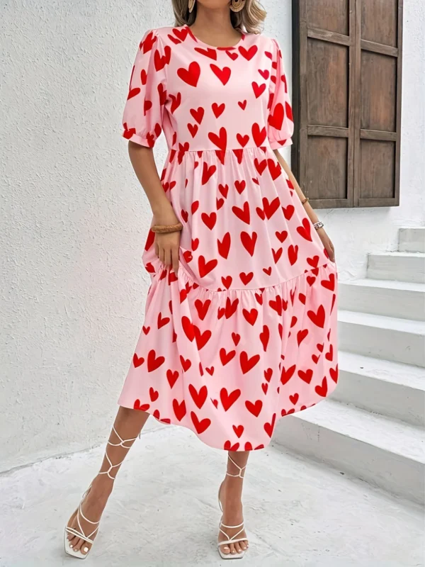 Women's Pink Red Heart Print Round Neck Short Sleeve High-Waist Tiered Ruffle Hem Flowy Maxi Dress for Casual Summer Vacations - Image 5