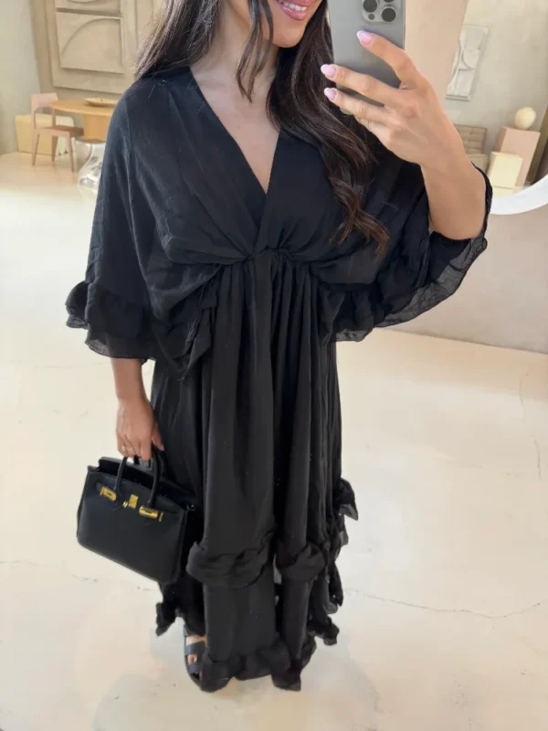 Women High Waist Full Sleeve A-line Long Dress White V Neck Chiffon Layered Ruffles Maxi Dresses Summer Lady High Street Robes - Image 2