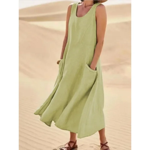 Korean Style Cotton Simulation Women's Dress round Neck Pocket Summer Dress Ankle Length Polyester Fiber No Sleeve - Image 17
