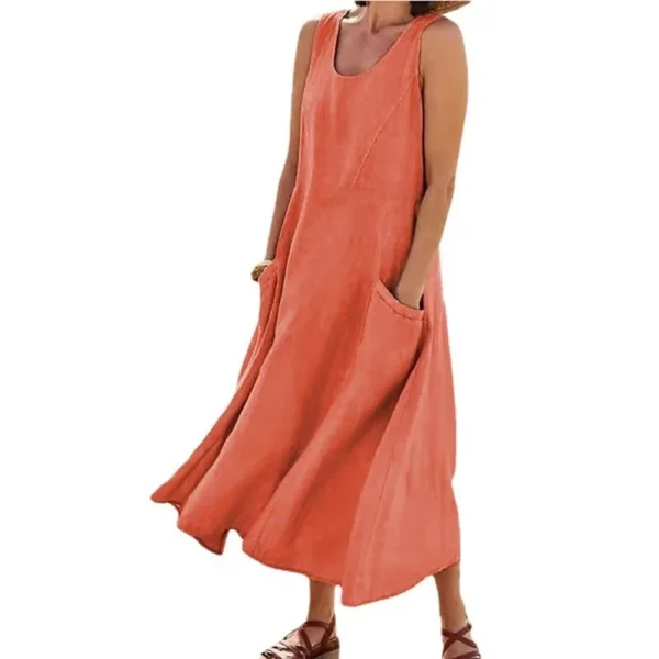 Korean Style Cotton Simulation Women's Dress round Neck Pocket Summer Dress Ankle Length Polyester Fiber No Sleeve - Image 5