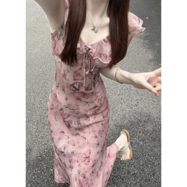 Retro Butterfly Print Hemmed Dress Women's Summer Slimming Knee-Length Long Dress Dopaamine Floral Skirt Elegant Waist-Cinching