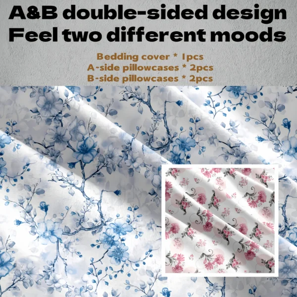 5pcs ultra-fine fiber printed bedding set, skin friendly, breathable, love flower themed home duvet cover pillowcase 5-piece set - Image 6