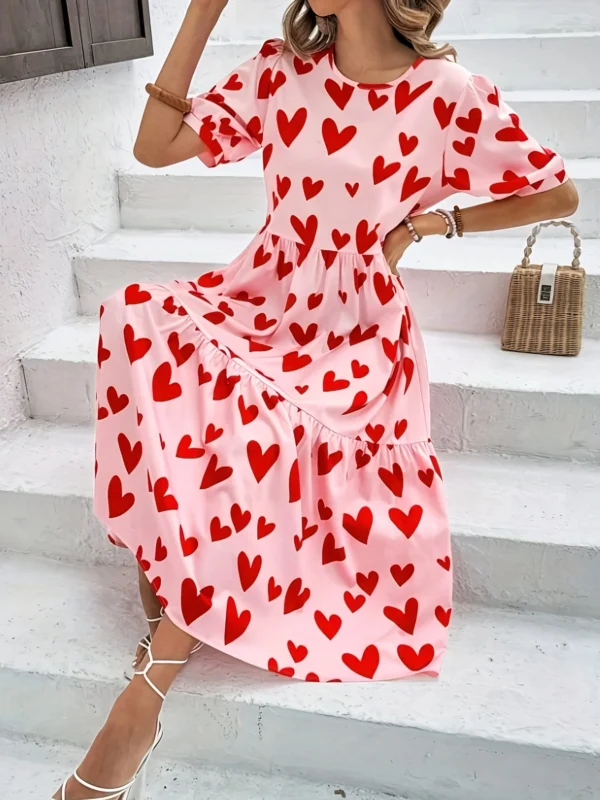 Women's Pink Red Heart Print Round Neck Short Sleeve High-Waist Tiered Ruffle Hem Flowy Maxi Dress for Casual Summer Vacations - Image 3