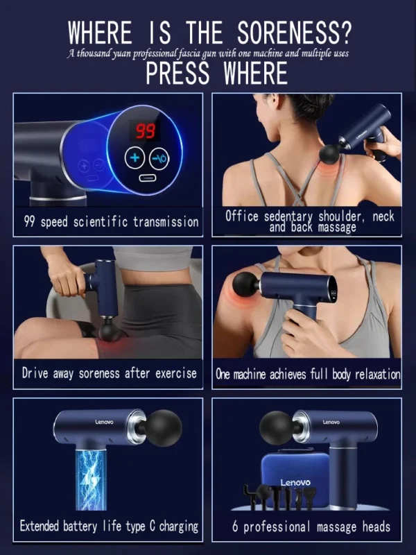 Original Lenovo Professional Grade Fascia Gun N2 N3 Series Muscle Relaxation Massager LED Touch Screen 6-8Massage Head Gifts - Image 2