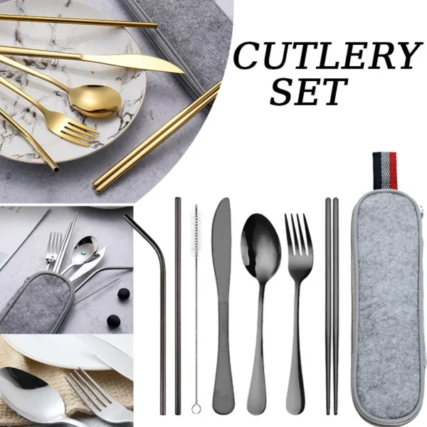 Tableware Reusable Travel Cutlery Set Camp Utensils Set with Stainless Steel Spoon Fork Chopsticks Straw Portable Case - Image 2