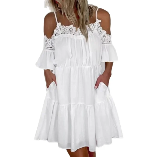 Princess Style Lace Splice Strap Dress Casual Holiday Pure Color Mini Skirt with Pleated Edge Fashionable New Arrival - Image 5