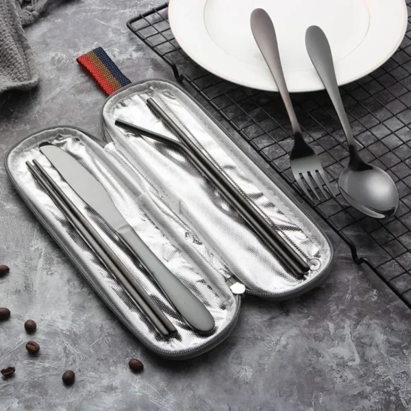 Tableware Reusable Travel Cutlery Set Camp Utensils Set with Stainless Steel Spoon Fork Chopsticks Straw Portable Case - Image 4