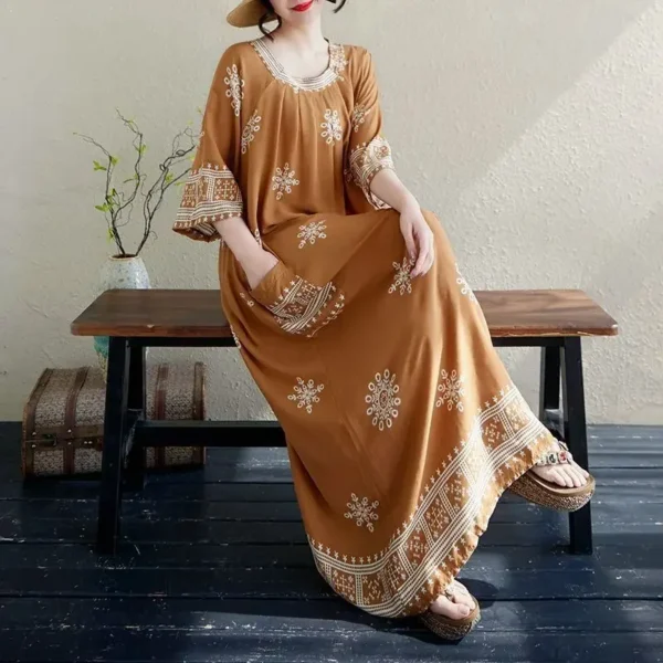 Retro Fashion plus Size Summer Printed Long Dress Slimming round Neck Loose Fit Women's Dress Ethnic Style Casual Maxi Dress - Image 2