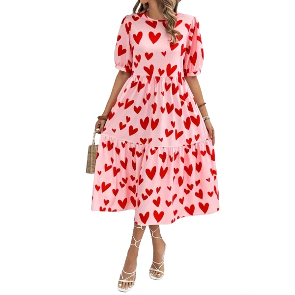 Women's Pink Red Heart Print Round Neck Short Sleeve High-Waist Tiered Ruffle Hem Flowy Maxi Dress for Casual Summer Vacations - Image 6