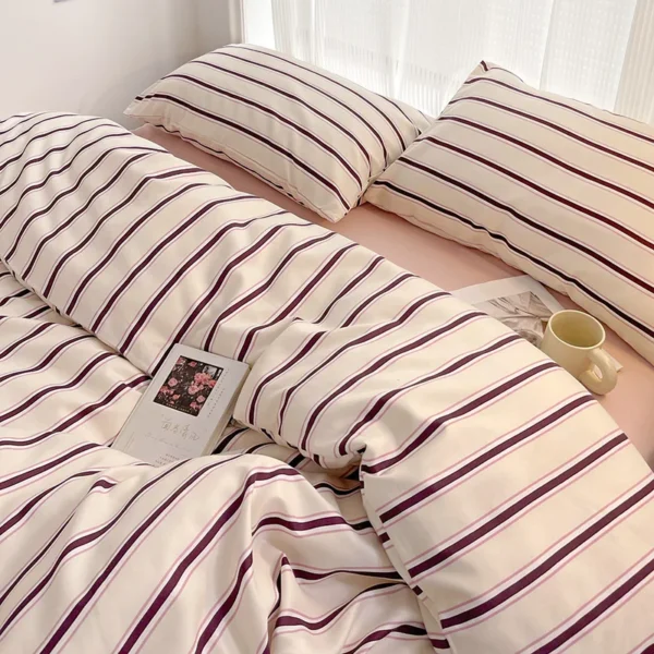Simple Red and Blue Striped Duvet Cover and Four Piece Bed Sheet Set with Washed Cotton Bedding on the Bed - Image 10