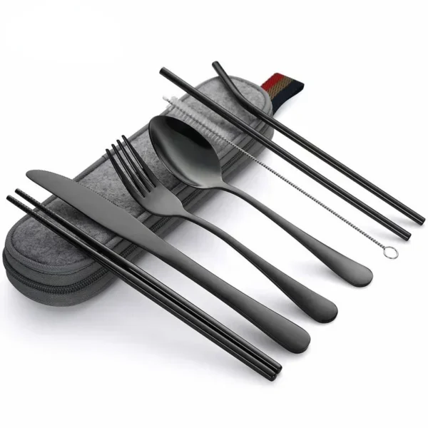Tableware Reusable Travel Cutlery Set Camp Utensils Set with Stainless Steel Spoon Fork Chopsticks Straw Portable Case - Image 7