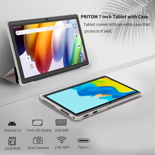 Pritom 7 Inch Tablet PC, Android 13 Quad Core, 4GB(2+2GB Virtual) RAM 32GB ROM, WiFi, Dual Camera, USB C, with Leather Case - Image 3