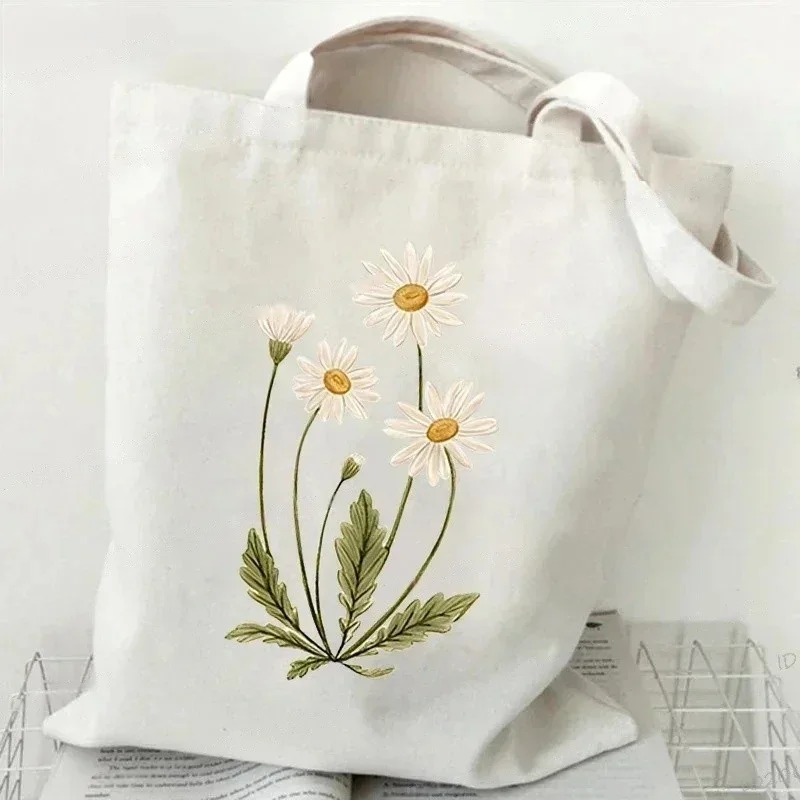 Vintage Daisy Shoulder Bag Wildflower Oil Print Black Canvas Tote Bag for Women Girl Stylish Plant-Themed Shopping Handbag 2 Vintage Daisy Shoulder Bag Wildflower Oil Print Black Canvas Tote Bag for Women Girl Stylish Plant-Themed Shopping Handbag - Image 2