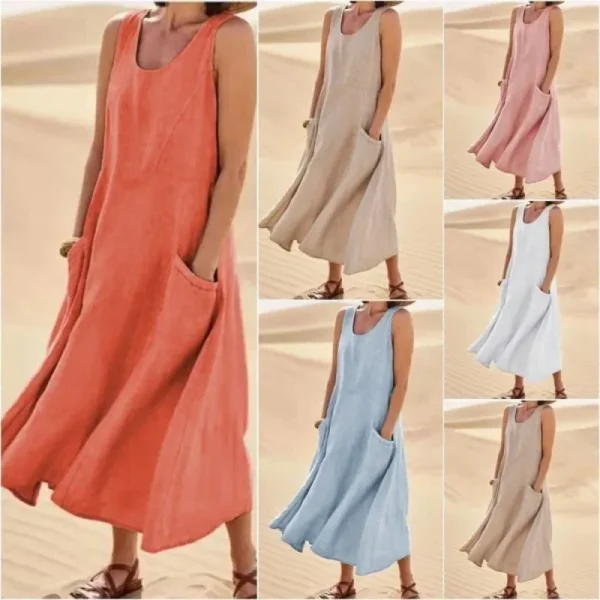 Korean Style Cotton Simulation Women's Dress round Neck Pocket Summer Dress Ankle Length Polyester Fiber No Sleeve