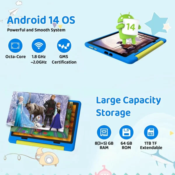 URAO 10 Inch Cartoon Pattern Kids Tablet Android Octa-Core 8GB RAM 64GB ROM Learning Education Games Tablets Children's Gifts - Image 3