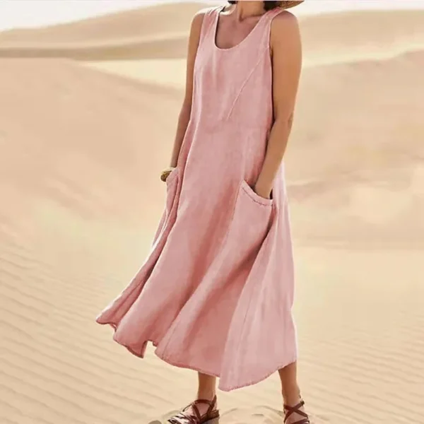 Korean Style Cotton Simulation Women's Dress round Neck Pocket Summer Dress Ankle Length Polyester Fiber No Sleeve - Image 14