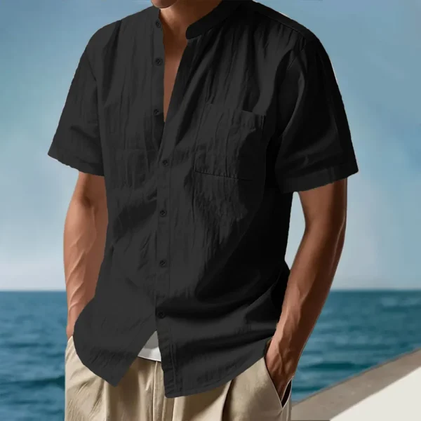 Summer Men's Short Sleeve Shirt Solid Color Casual Single Breasted Cotton Linen Breathable Lightweight Male Basic Style Top - Image 3