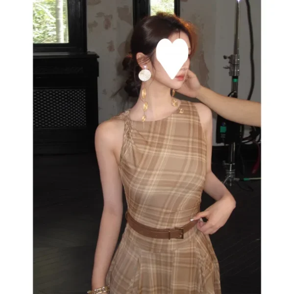 Modern Lover French Vintage Sleeveless Knot Large Swing Dress Waist-Cinching Long Gown High Collar Ankle-Length Women's Dress - Image 2