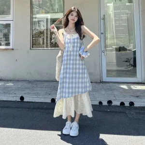 Summer 2025 New Style Women's Lace Splicing Plaid Strap Dress Loose Fit Slimming Midi Dress Fresh And Breathable Gown