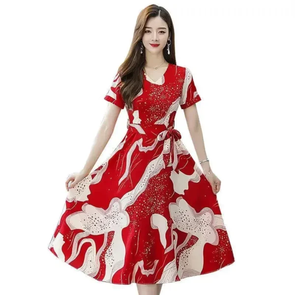 Plus Size V-Neck Korean Style Elegant Slimming Long Dress Short Sleeve Overhead Floral A- Line Skirt Women Summer Fashion Dress - Image 5