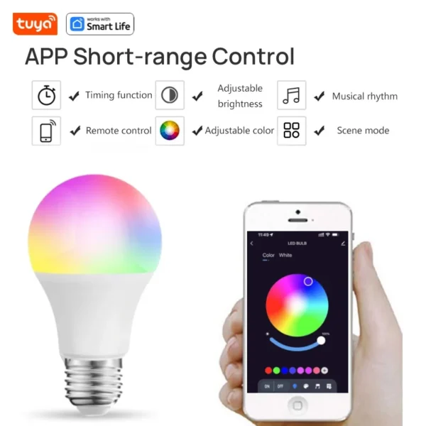 Bluetooth Remote Control LED Night Light Bulb E27 RGB 220V 15W Dimmable LED Lamp For Bedroom Decor Work With Tuya Smart Life APP - Image 2