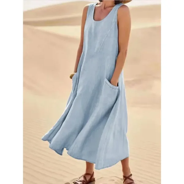 Korean Style Cotton Simulation Women's Dress round Neck Pocket Summer Dress Ankle Length Polyester Fiber No Sleeve - Image 4