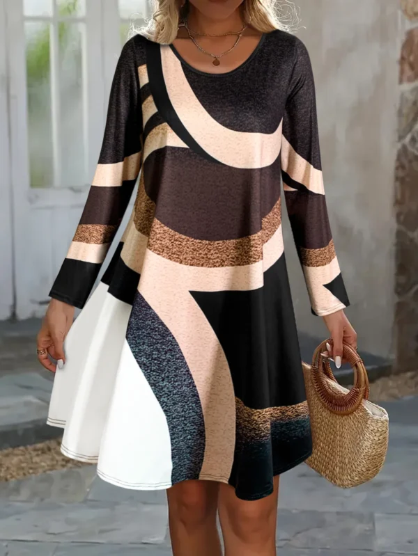 Women's Long - Sleeve Round - Neck Dress, Geometric Color Block, Casual Fall & Daily Wear，women fashion fall outfit - Image 3